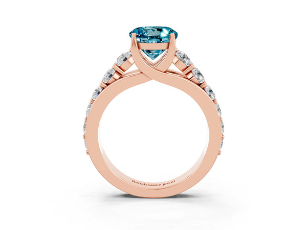 Rose gold Round Cut Blue Topaz Engagement Ring with Pavé Band and Four-Prong Setting