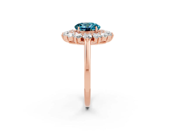 Rose gold Round Cut Blue Topaz Floral Double Halo Engagement Ring with Prong Setting