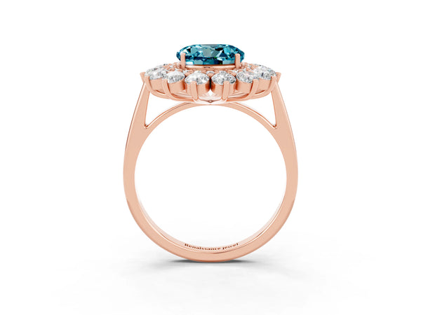 Rose gold Round Cut Blue Topaz Floral Double Halo Engagement Ring with Prong Setting