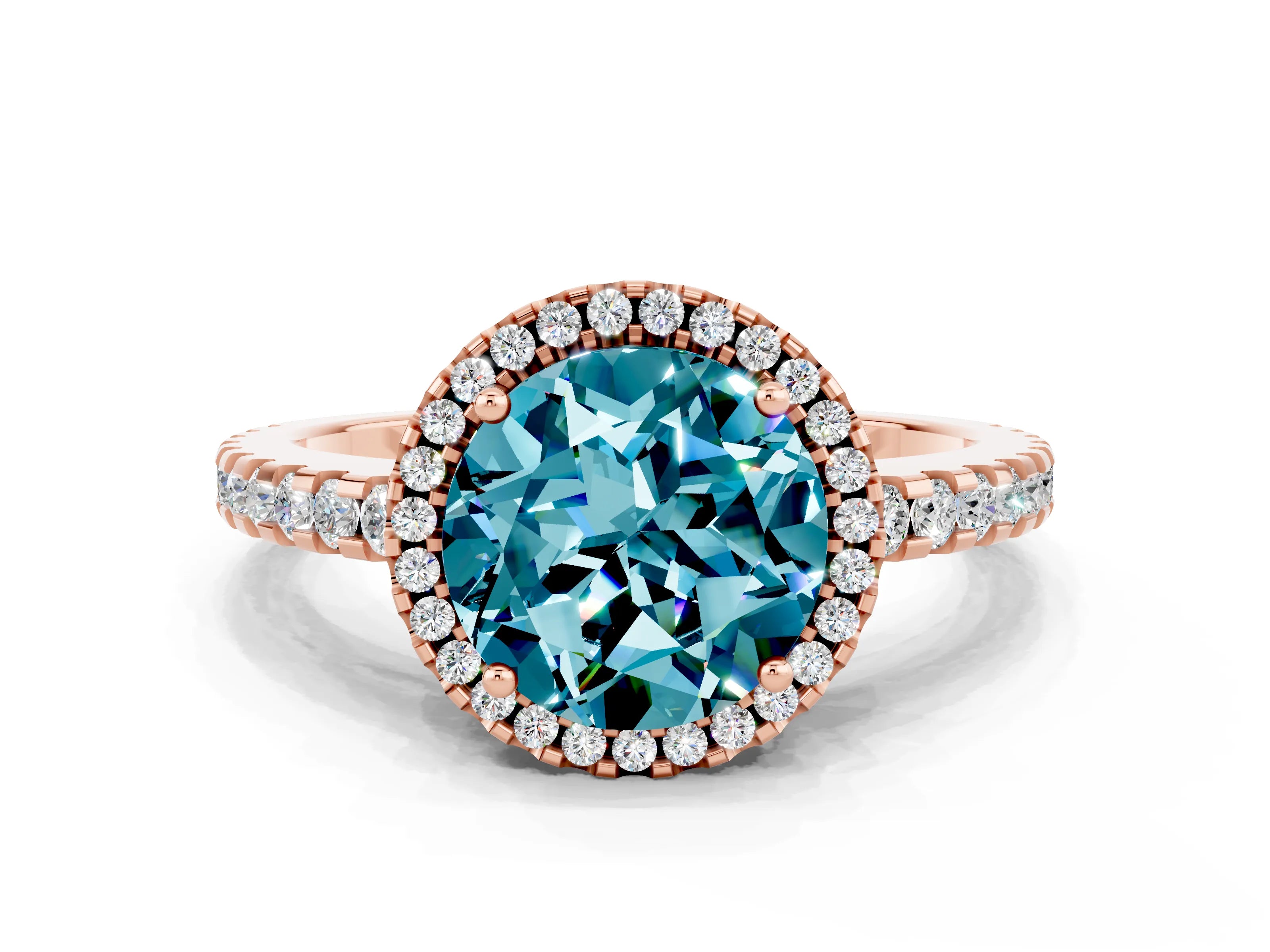 Rose gold Round Cut Blue Topaz Halo Engagement Ring with Pavé Band and Prong Setting_12