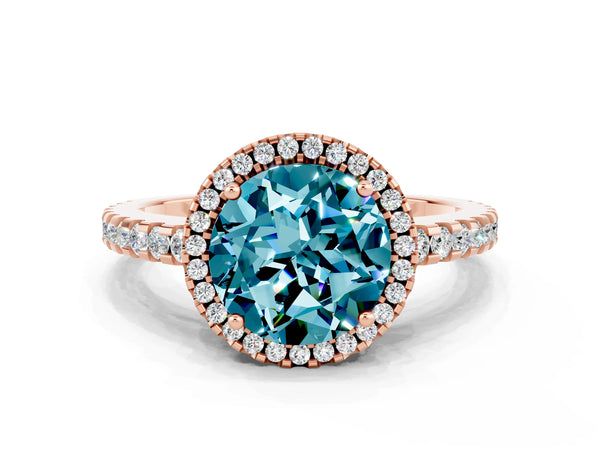 Rose gold Round Cut Blue Topaz Halo Engagement Ring with Pavé Band and Prong Setting