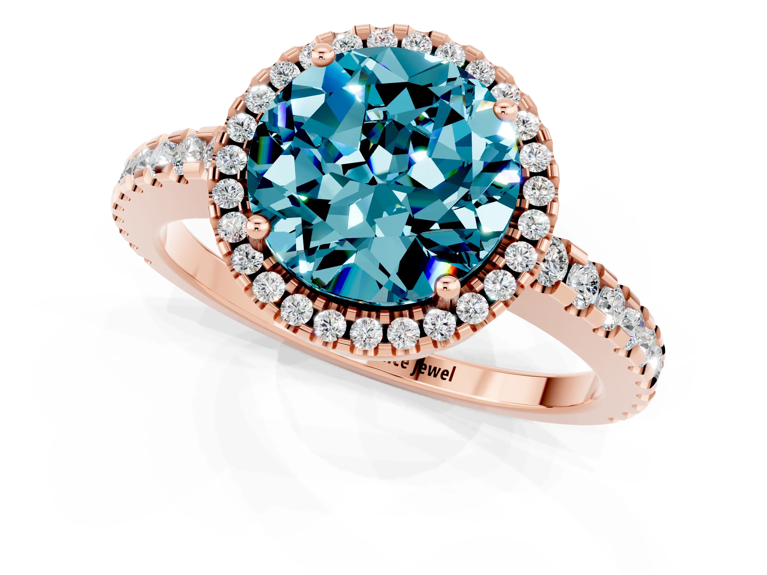 Rose gold Round Cut Blue Topaz Halo Engagement Ring with Pavé Band and Prong Setting_13