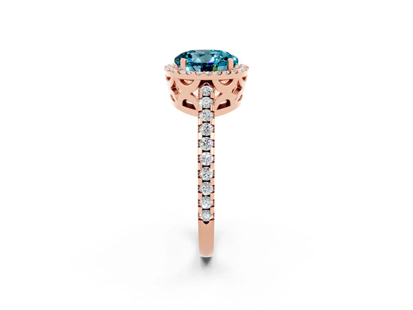 Rose gold Round Cut Blue Topaz Halo Engagement Ring with Pavé Band and Prong Setting
