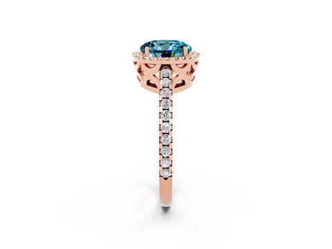Rose gold Round Cut Blue Topaz Halo Engagement Ring with Pavé Band and Prong Setting_14