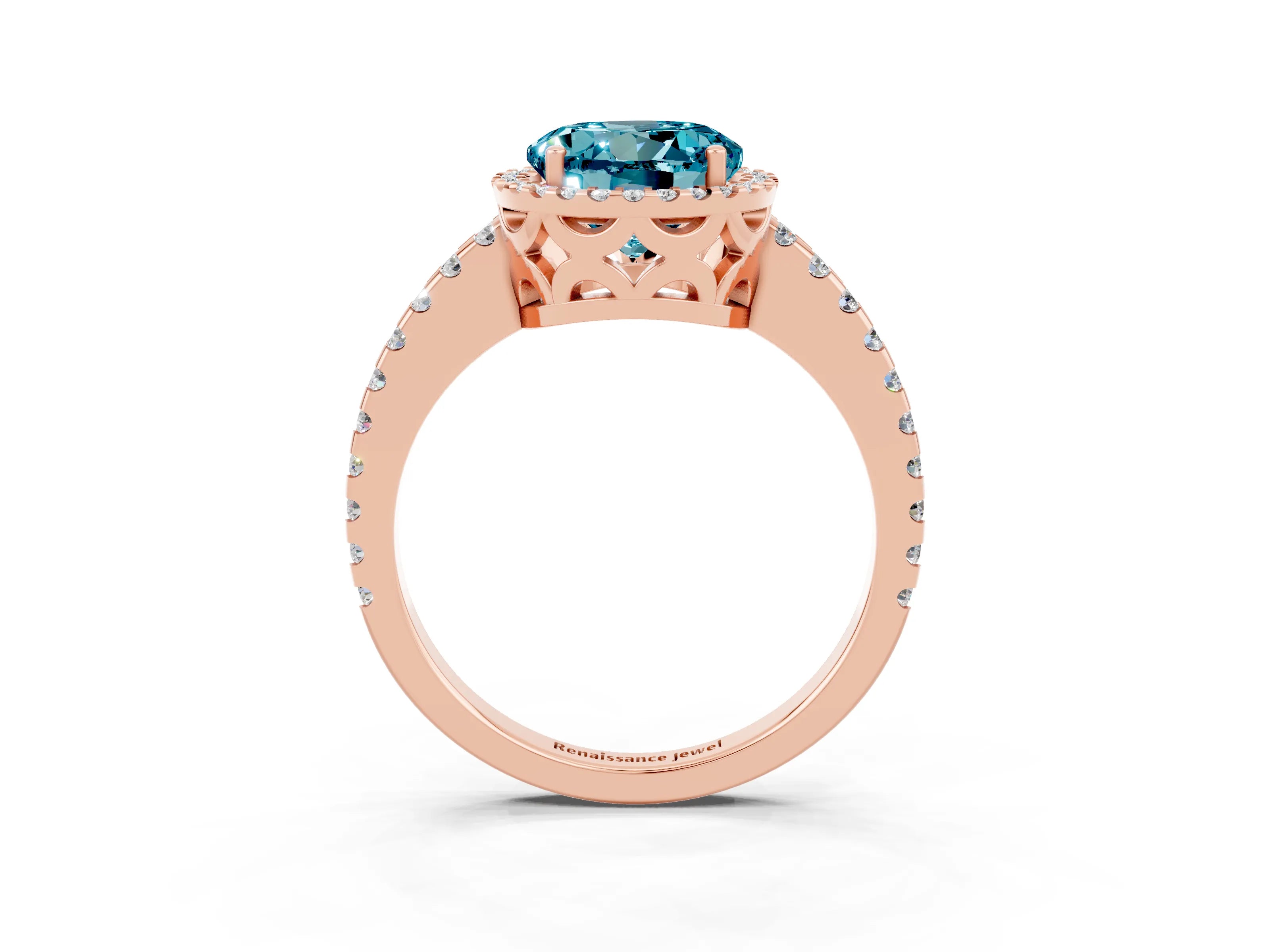 Rose gold Round Cut Blue Topaz Halo Engagement Ring with Pavé Band and Prong Setting_15