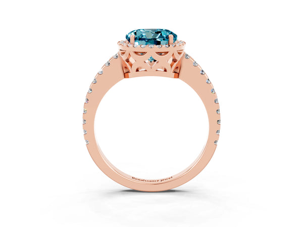 Rose gold Round Cut Blue Topaz Halo Engagement Ring with Pavé Band and Prong Setting