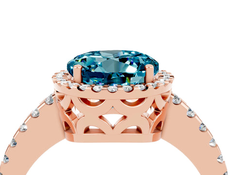 Rose gold Round Cut Blue Topaz Halo Engagement Ring with Pavé Band and Prong Setting_16