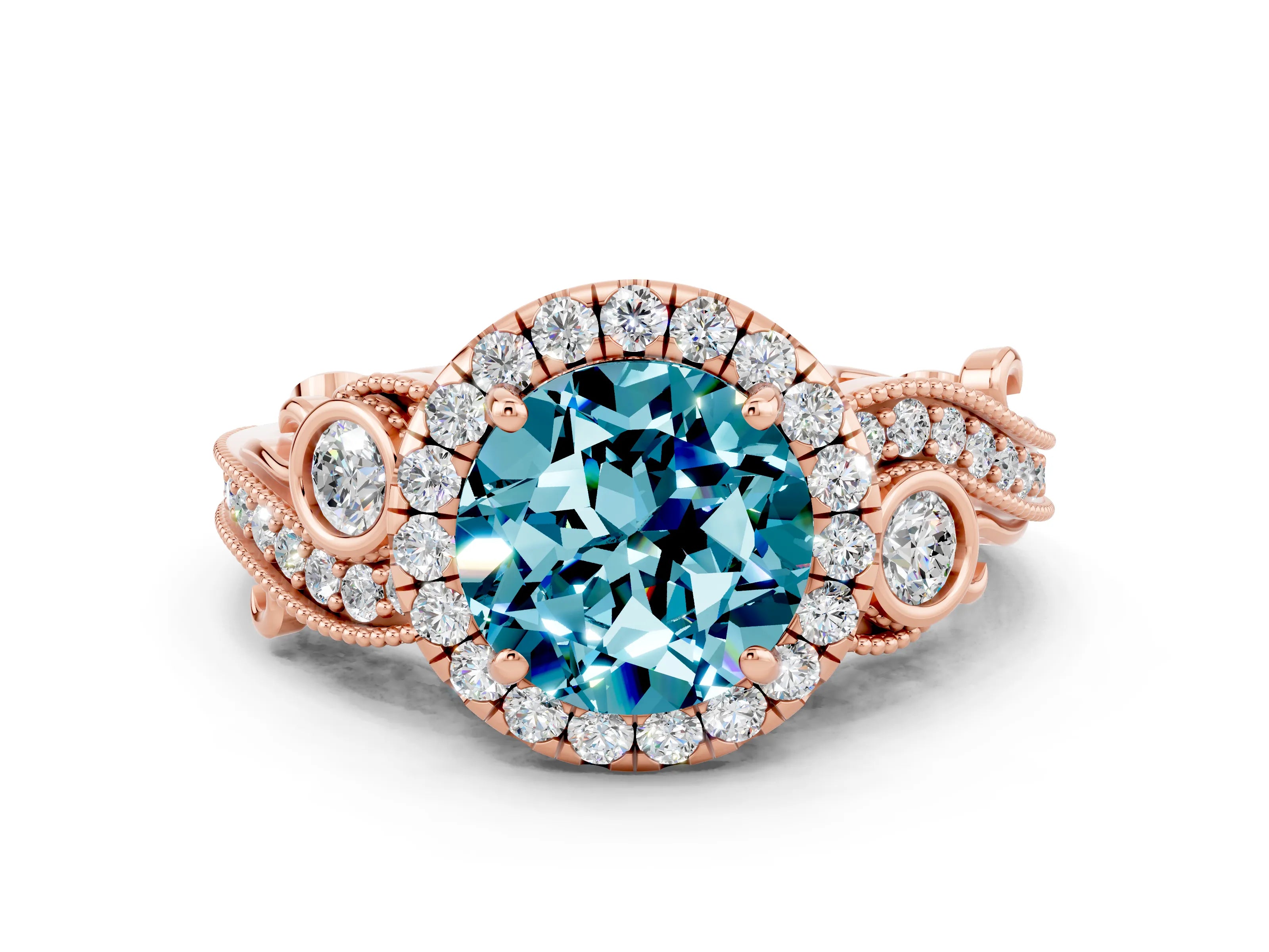 Rose gold Round Cut Blue Topaz Halo Ring with Milgrain Pavé Band and Four-Prong Setting_12