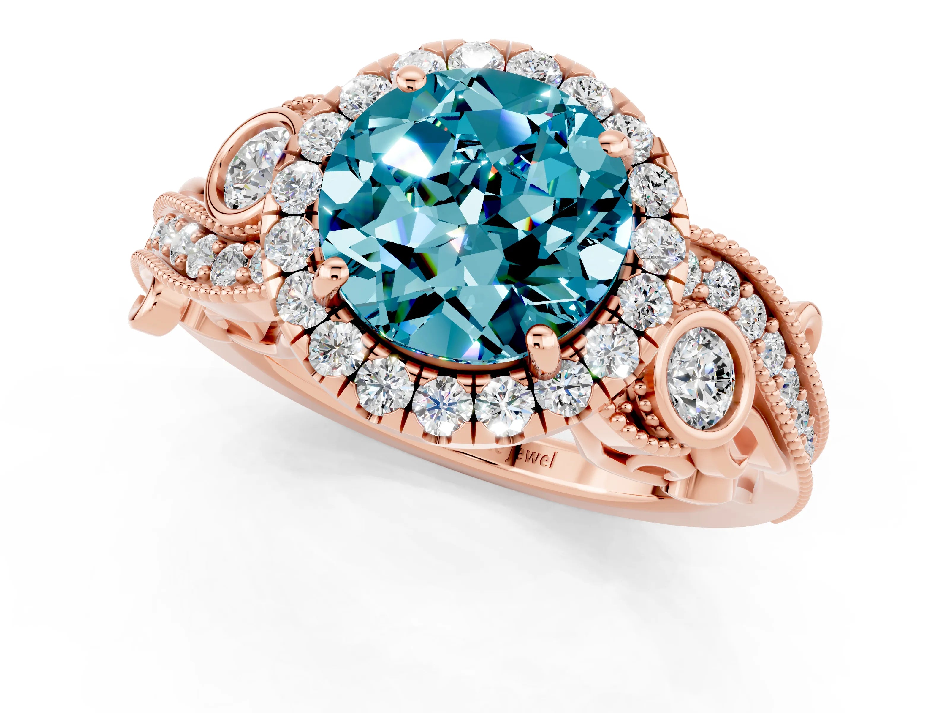 Rose gold Round Cut Blue Topaz Halo Ring with Milgrain Pavé Band and Four-Prong Setting_13