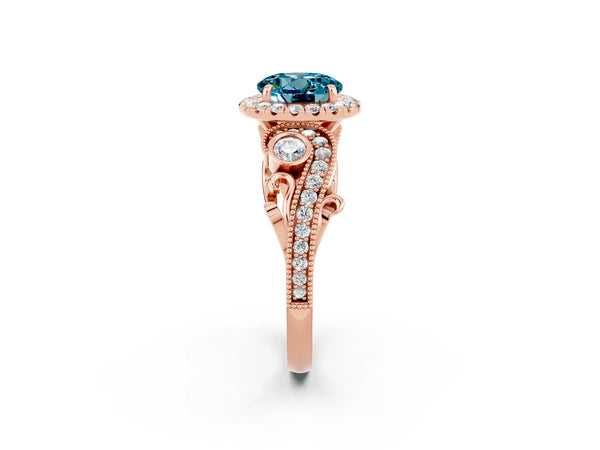 Rose gold Round Cut Blue Topaz Halo Ring with Milgrain Pavé Band and Four-Prong Setting