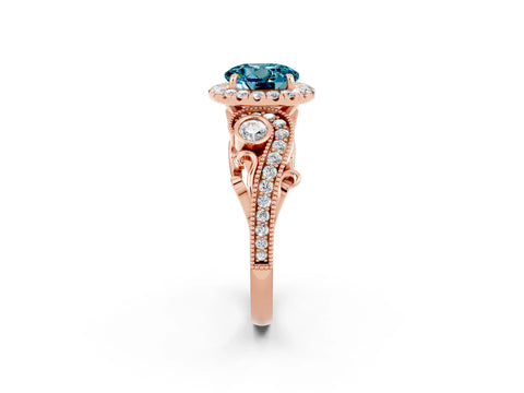 Rose gold Round Cut Blue Topaz Halo Ring with Milgrain Pavé Band and Four-Prong Setting_14