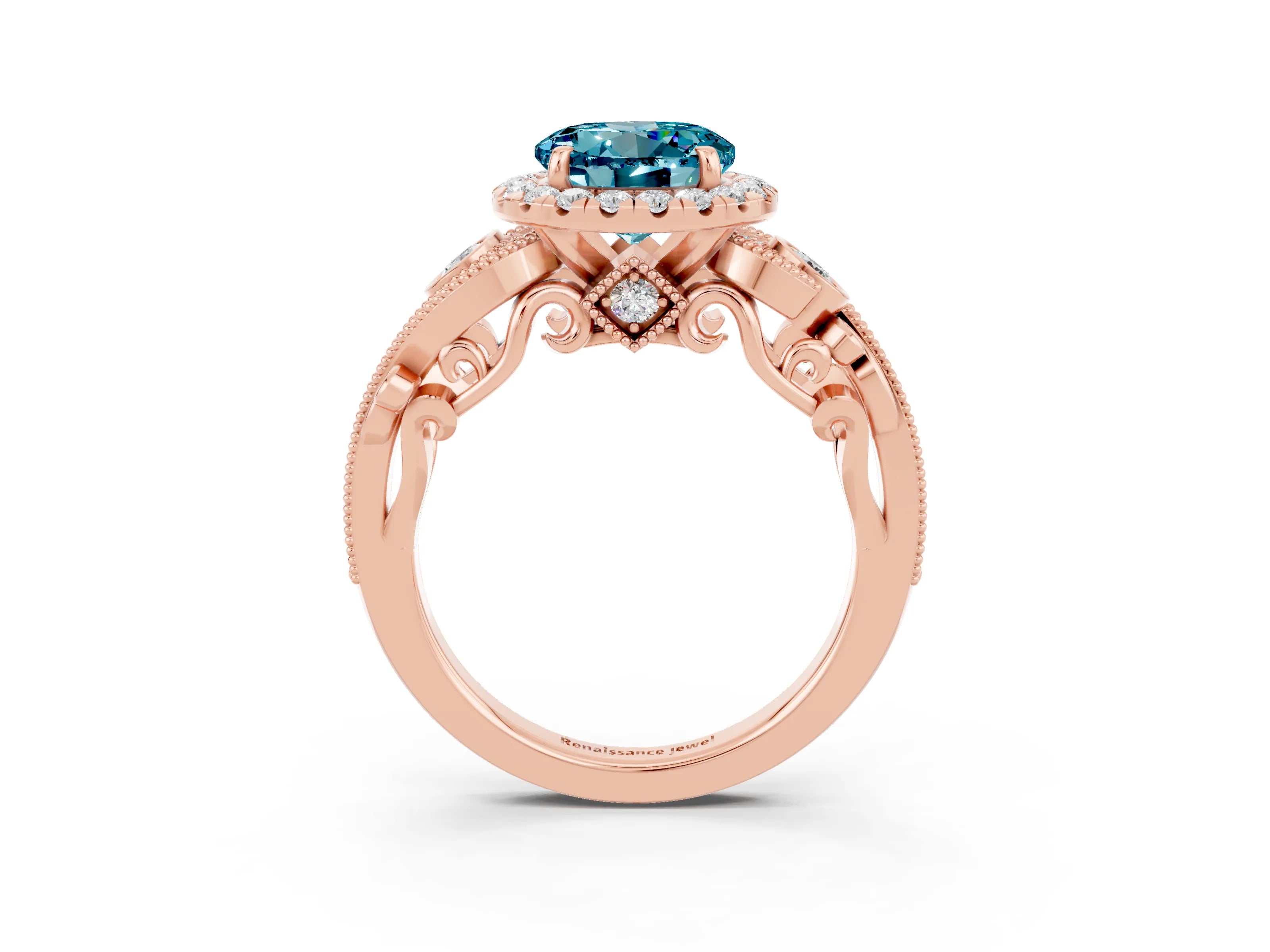 Rose gold Round Cut Blue Topaz Halo Ring with Milgrain Pavé Band and Four-Prong Setting_15