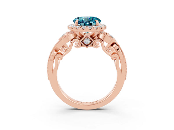 Rose gold Round Cut Blue Topaz Halo Ring with Milgrain Pavé Band and Four-Prong Setting