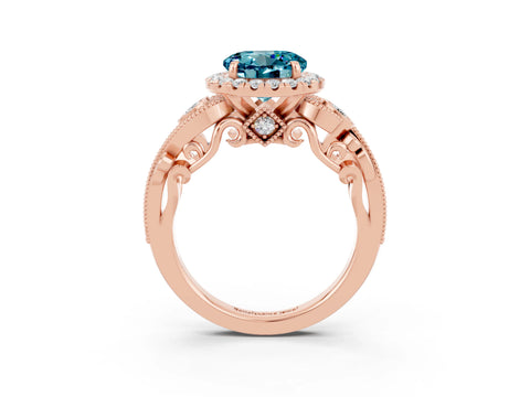Rose gold Round Cut Blue Topaz Halo Ring with Milgrain Pavé Band and Four-Prong Setting_15