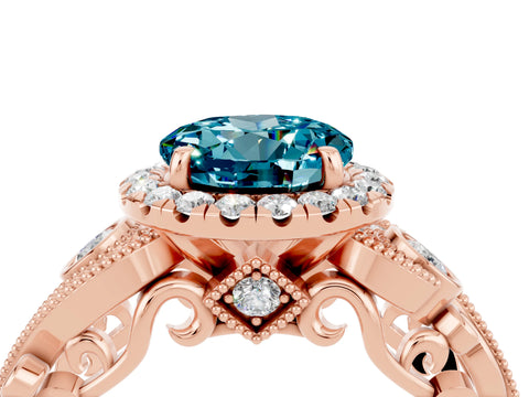 Rose gold Round Cut Blue Topaz Halo Ring with Milgrain Pavé Band and Four-Prong Setting_16