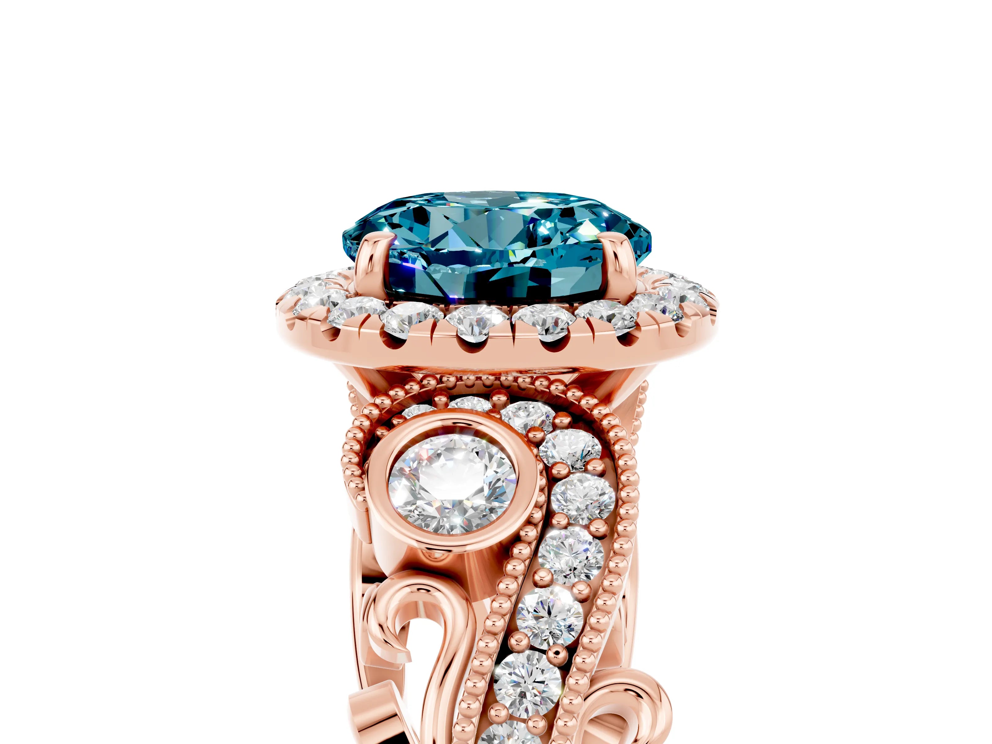 Rose gold Round Cut Blue Topaz Halo Ring with Milgrain Pavé Band and Four-Prong Setting_17