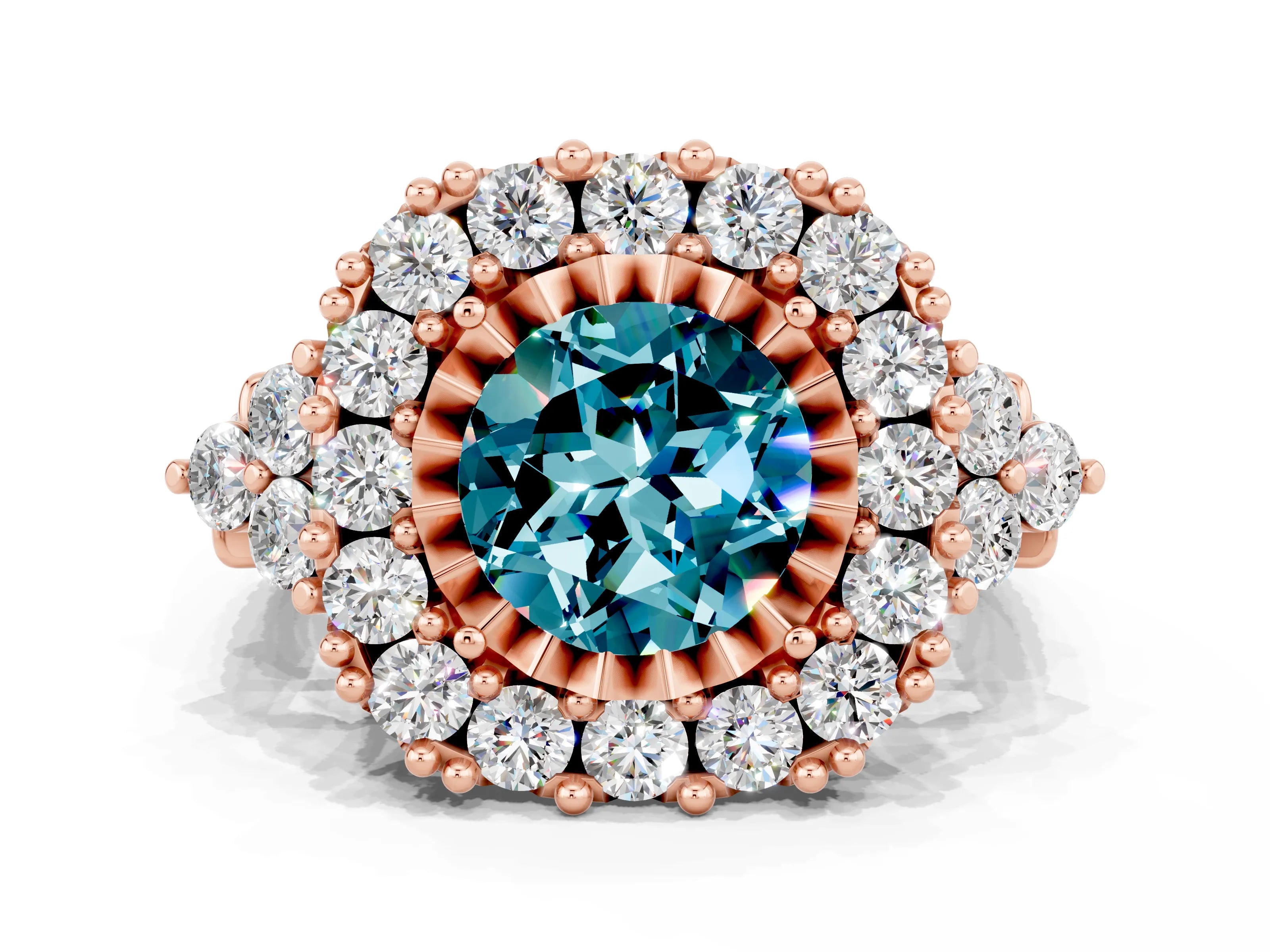 Rose gold Round Cut Blue Topaz Halo Ring with Pavé Band and Four-Prong Setting_12