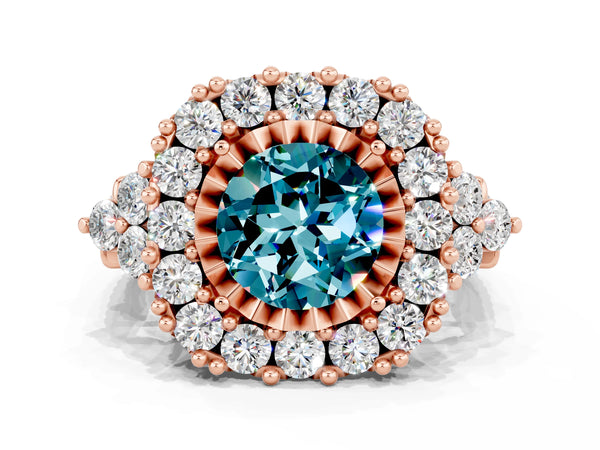 Rose gold Round Cut Blue Topaz Halo Ring with Pavé Band and Four-Prong Setting