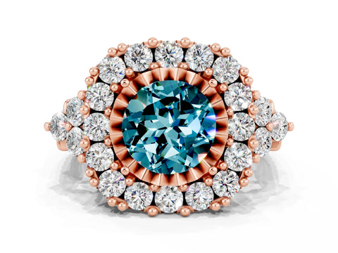 Rose gold Round Cut Blue Topaz Halo Ring with Pavé Band and Four-Prong Setting_12