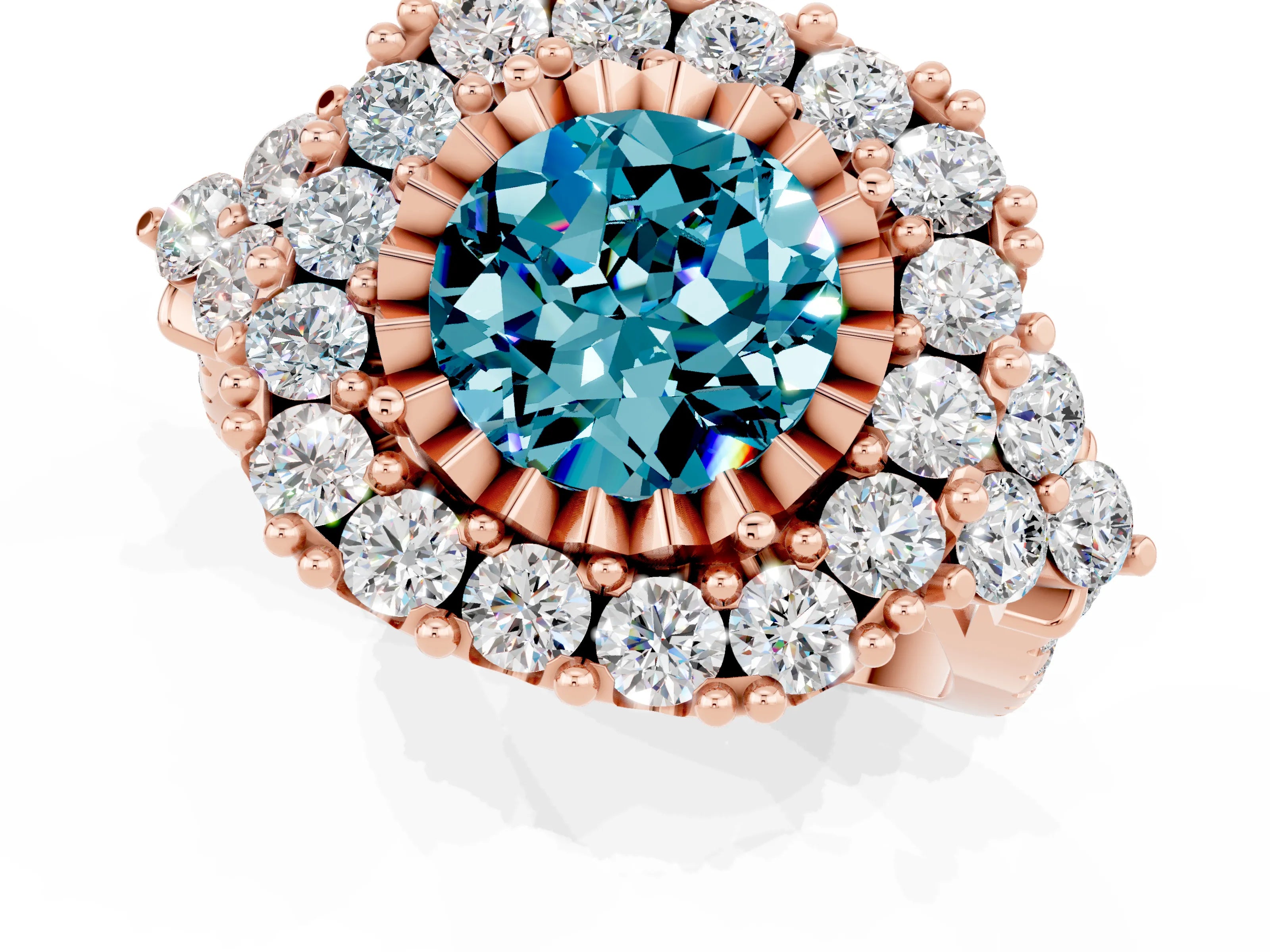 Rose gold Round Cut Blue Topaz Halo Ring with Pavé Band and Four-Prong Setting_13