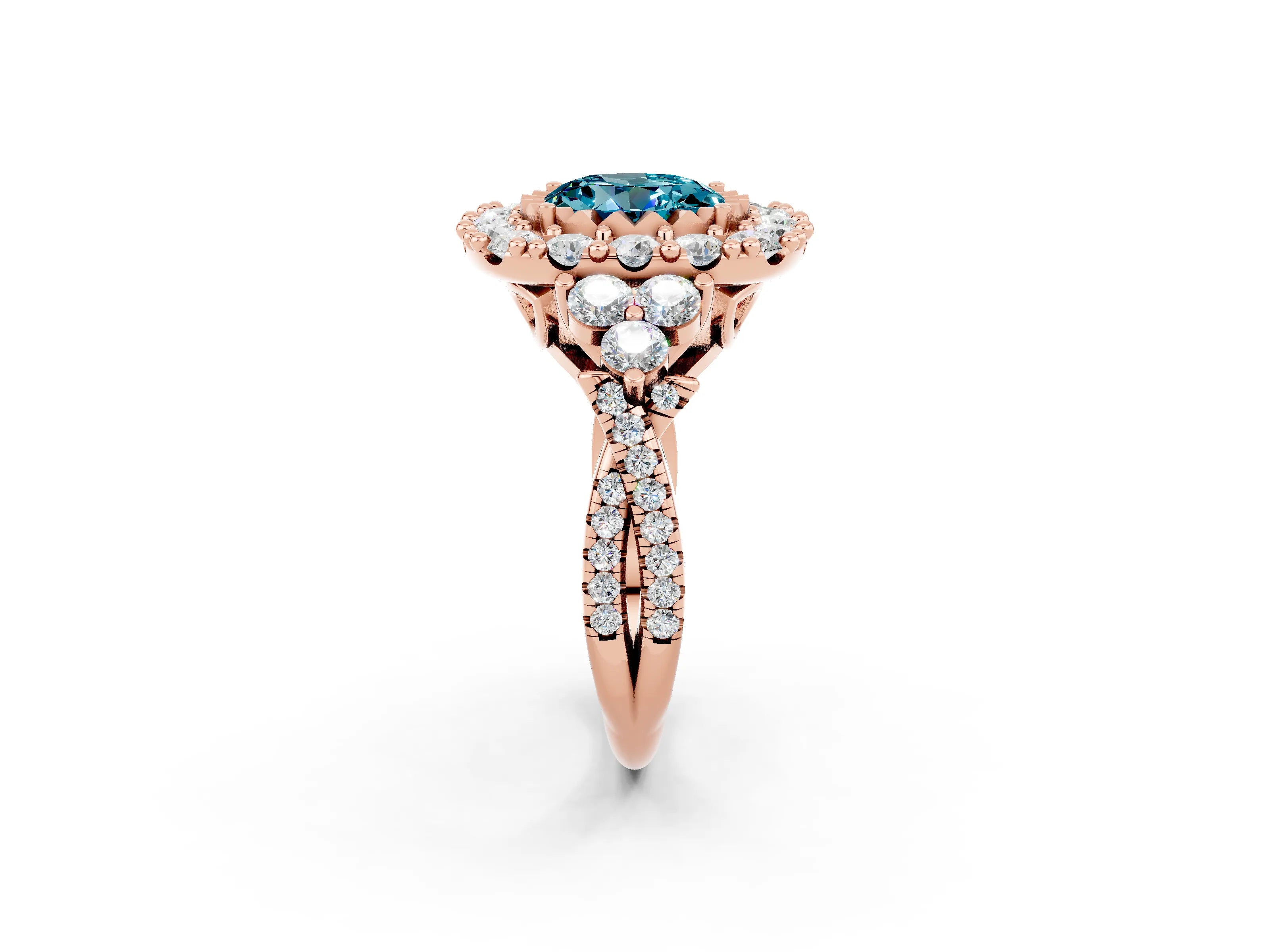Rose gold Round Cut Blue Topaz Halo Ring with Pavé Band and Four-Prong Setting_14