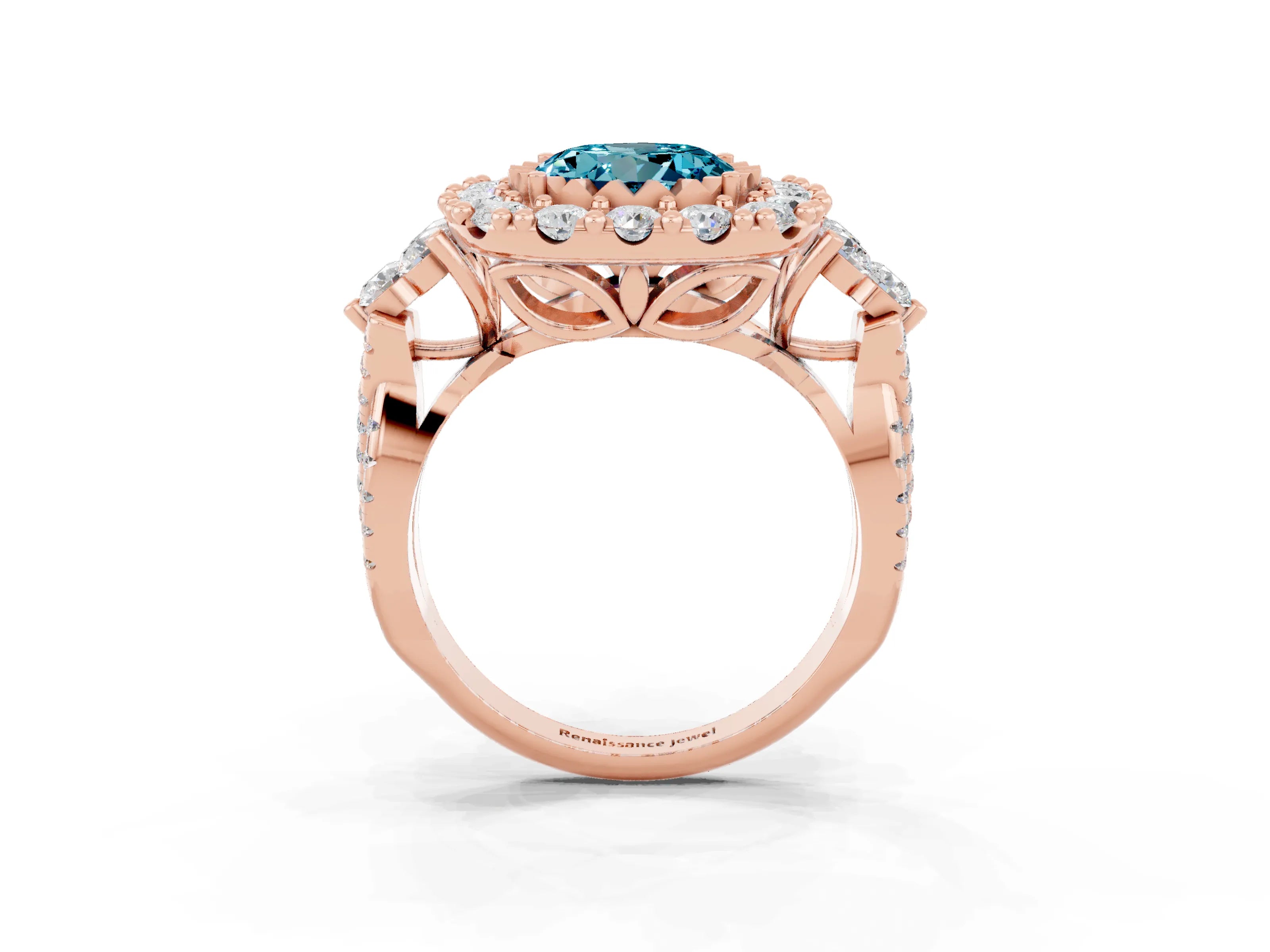 Rose gold Round Cut Blue Topaz Halo Ring with Pavé Band and Four-Prong Setting_15