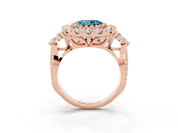Rose gold Round Cut Blue Topaz Halo Ring with Pavé Band and Four-Prong Setting
