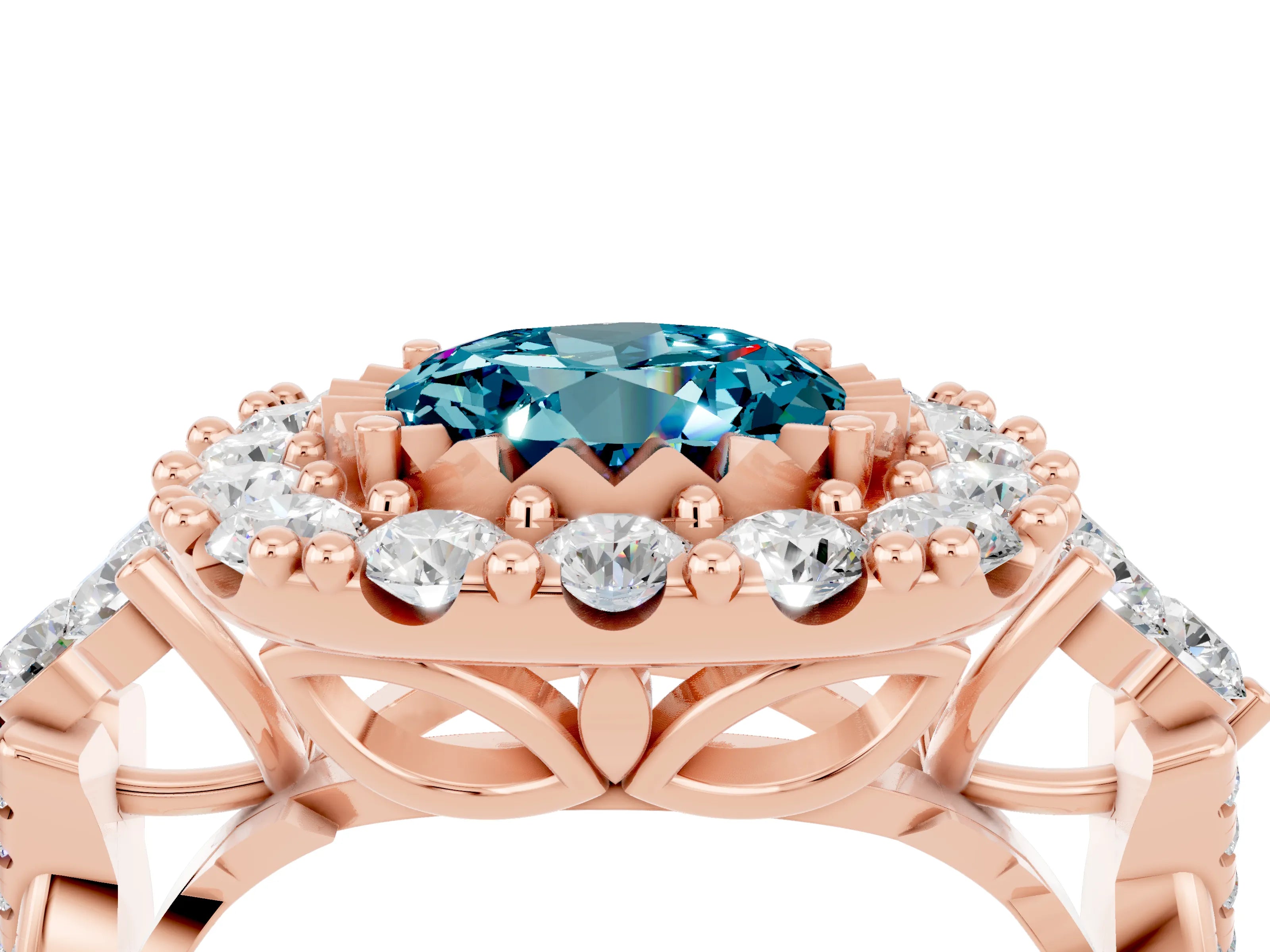 Rose gold Round Cut Blue Topaz Halo Ring with Pavé Band and Four-Prong Setting_16