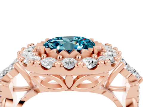 Rose gold Round Cut Blue Topaz Halo Ring with Pavé Band and Four-Prong Setting_16