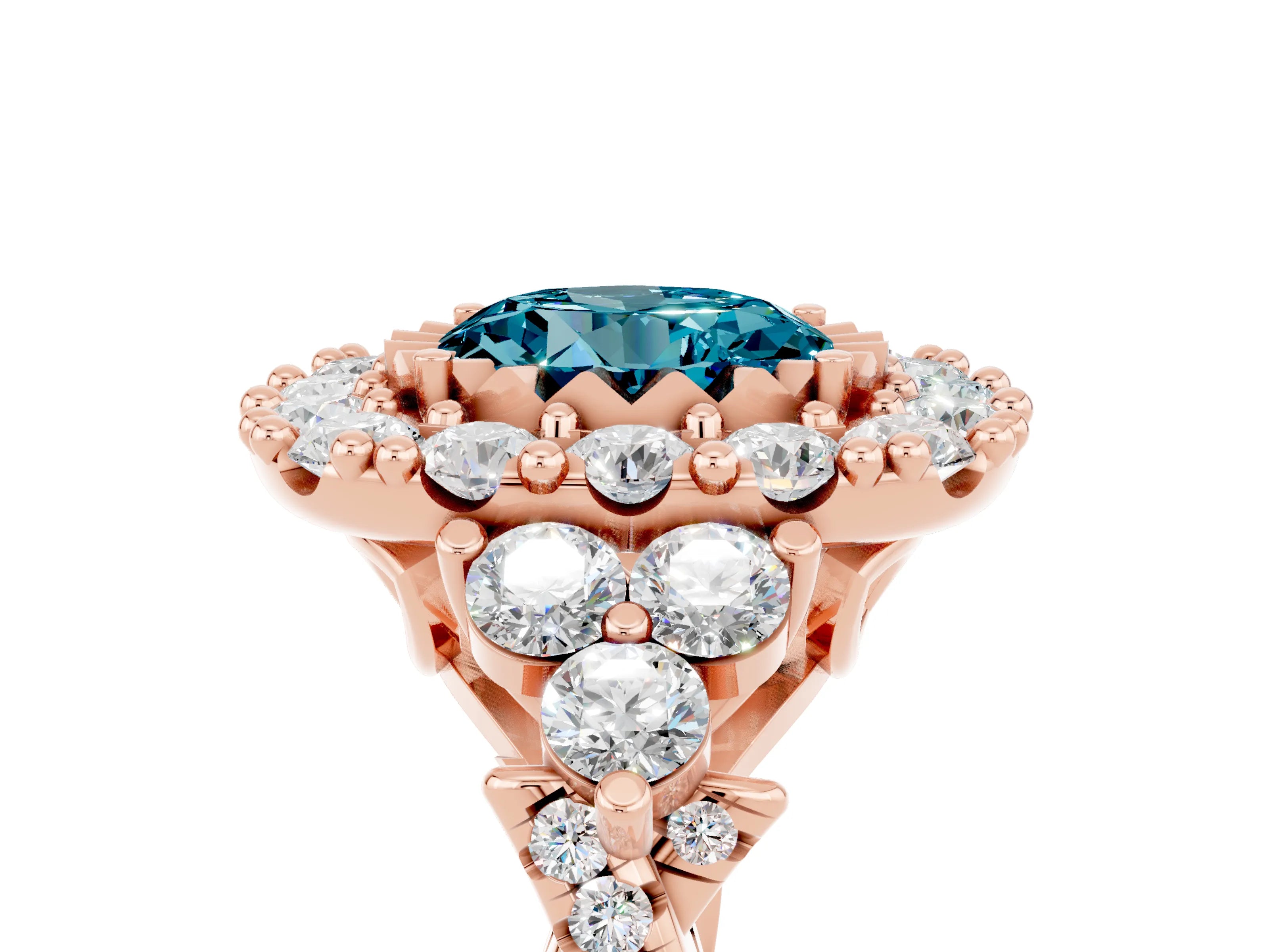 Rose gold Round Cut Blue Topaz Halo Ring with Pavé Band and Four-Prong Setting_17