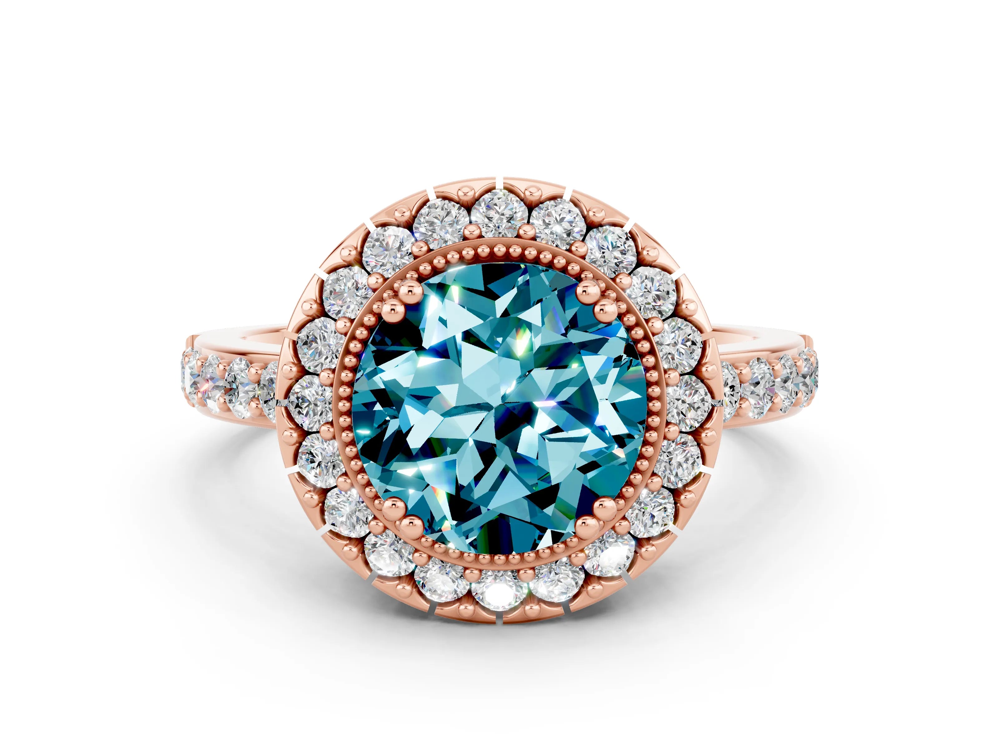 Rose gold Round Cut Blue Topaz Halo Ring with Pavé Band and Prong Setting