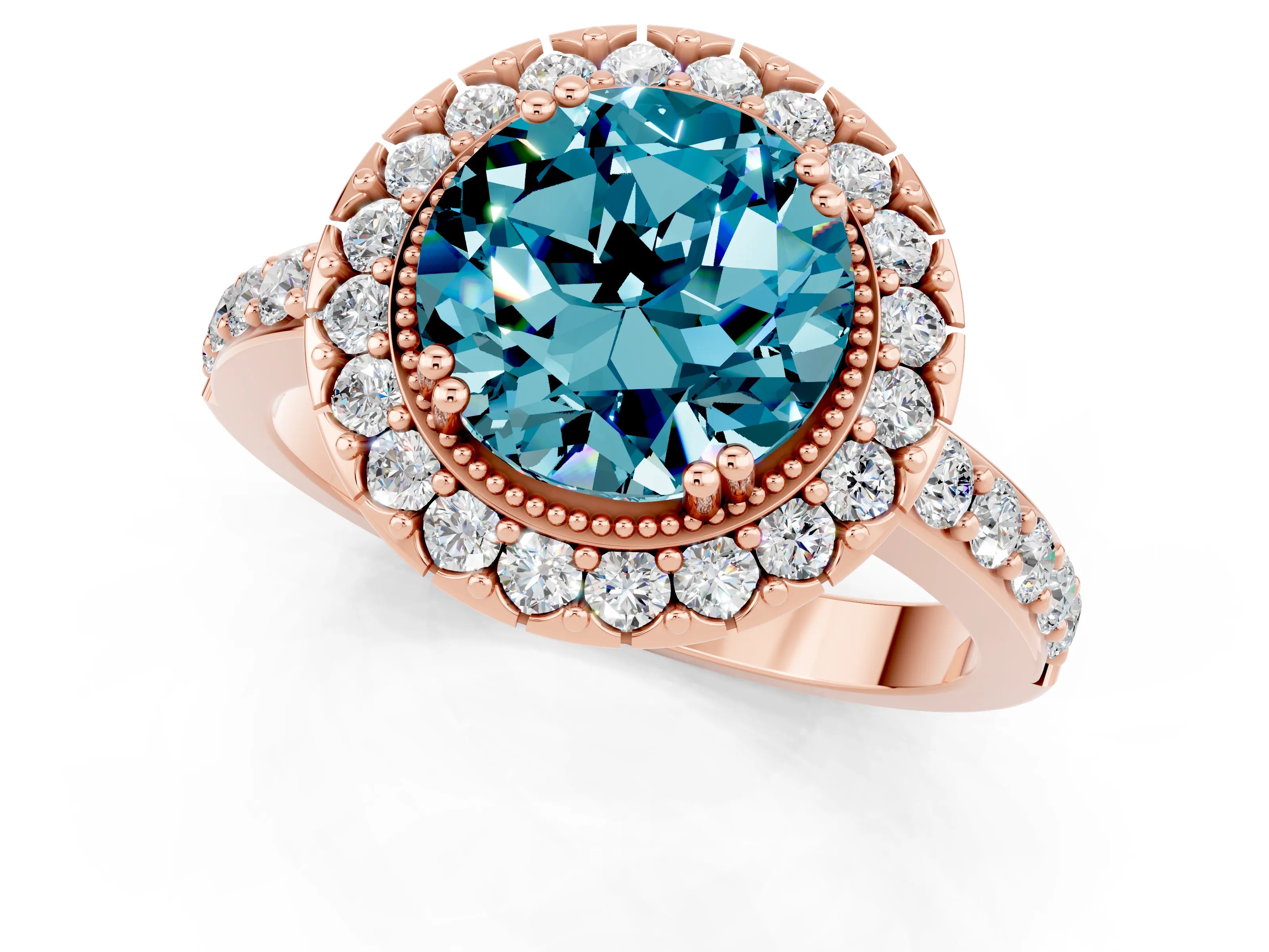 Rose gold Round Cut Blue Topaz Halo Ring with Pavé Band and Prong Setting_1