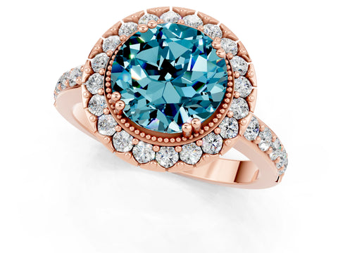 Rose gold Round Cut Blue Topaz Halo Ring with Pavé Band and Prong Setting_1