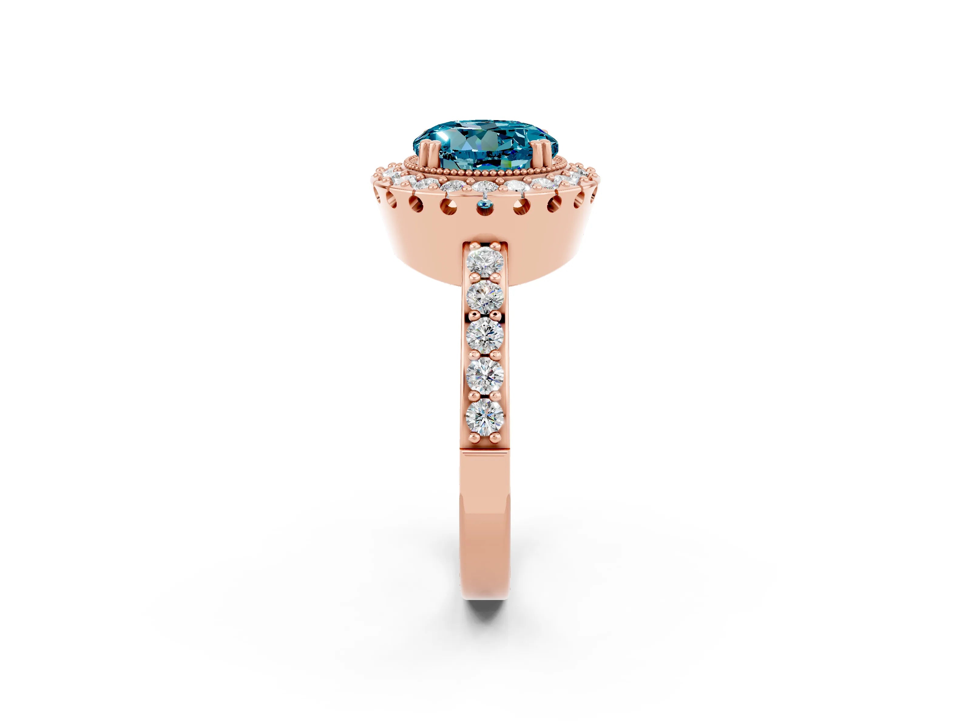 Rose gold Round Cut Blue Topaz Halo Ring with Pavé Band and Prong Setting_2