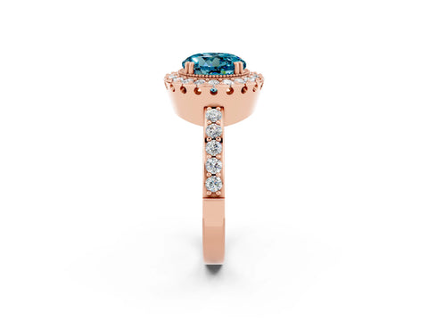 Rose gold Round Cut Blue Topaz Halo Ring with Pavé Band and Prong Setting_2