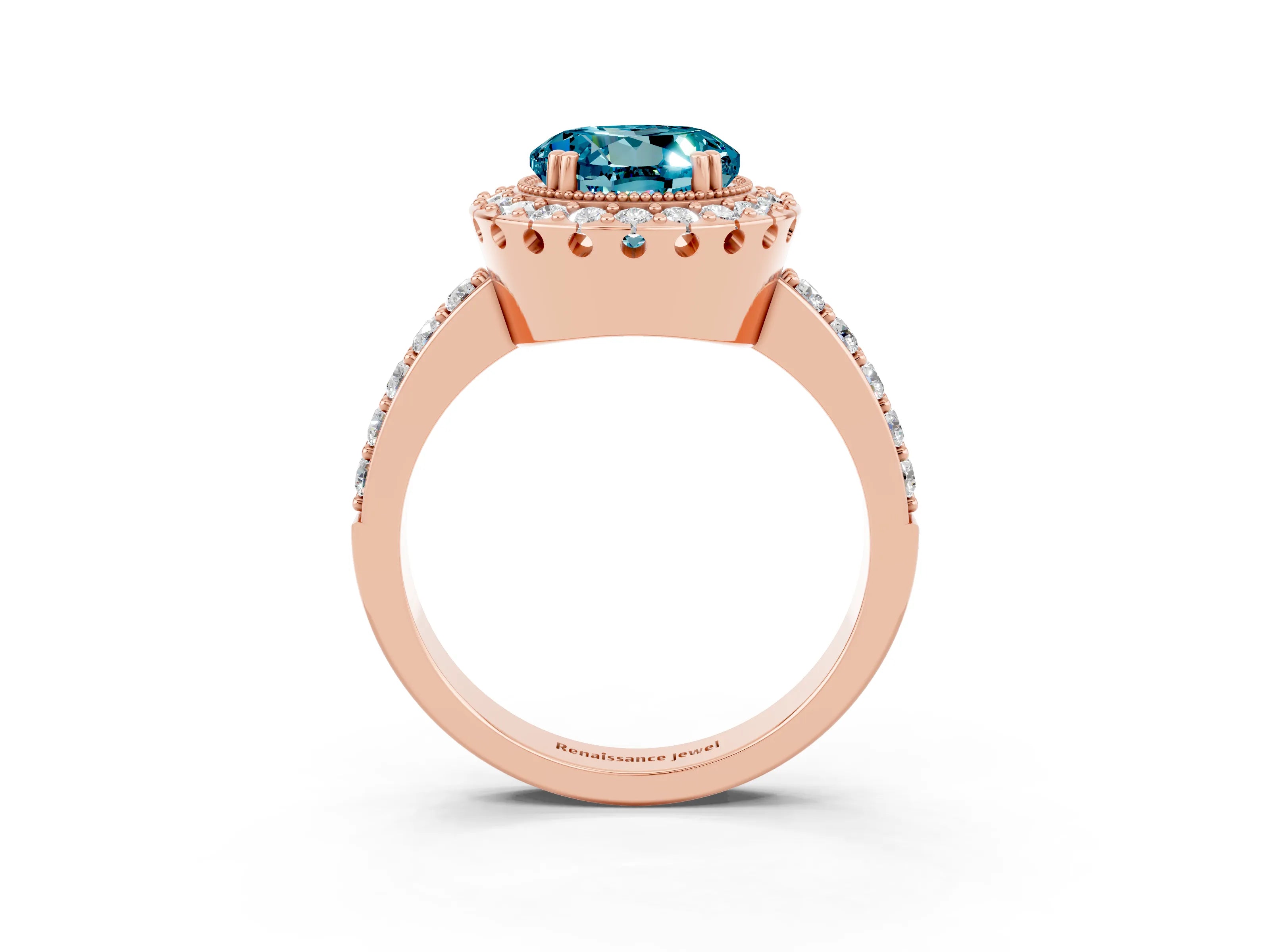 Rose gold Round Cut Blue Topaz Halo Ring with Pavé Band and Prong Setting_3