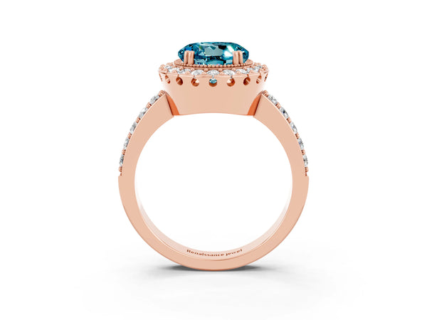Rose gold Round Cut Blue Topaz Halo Ring with Pavé Band and Prong Setting