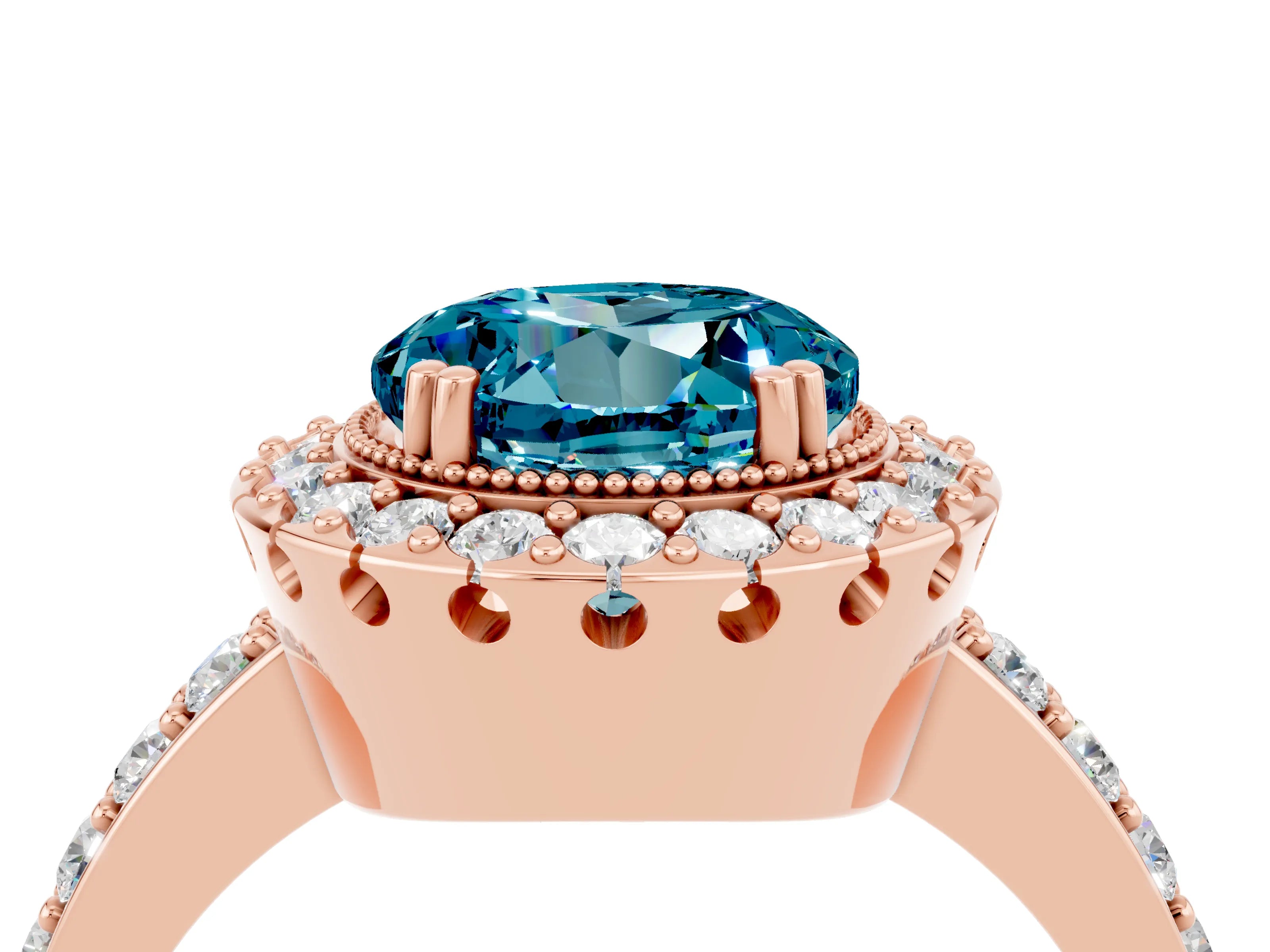 Rose gold Round Cut Blue Topaz Halo Ring with Pavé Band and Prong Setting_4