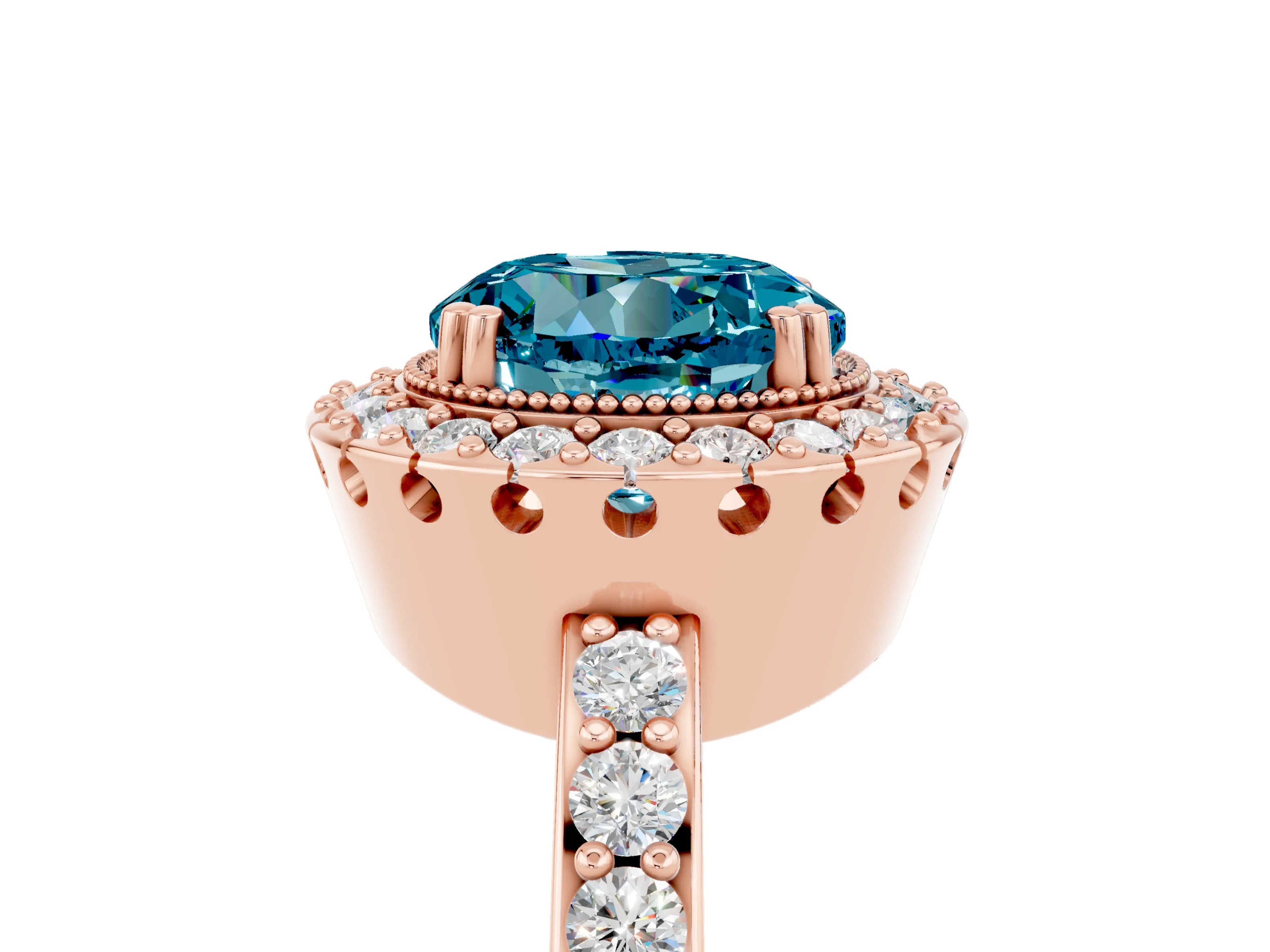 Rose gold Round Cut Blue Topaz Halo Ring with Pavé Band and Prong Setting_5