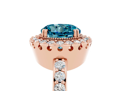 Rose gold Round Cut Blue Topaz Halo Ring with Pavé Band and Prong Setting_5