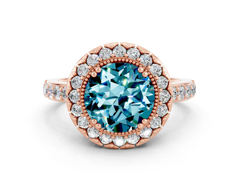 Rose gold Round Cut Blue Topaz Halo Ring with Pavé Band and Prong Setting