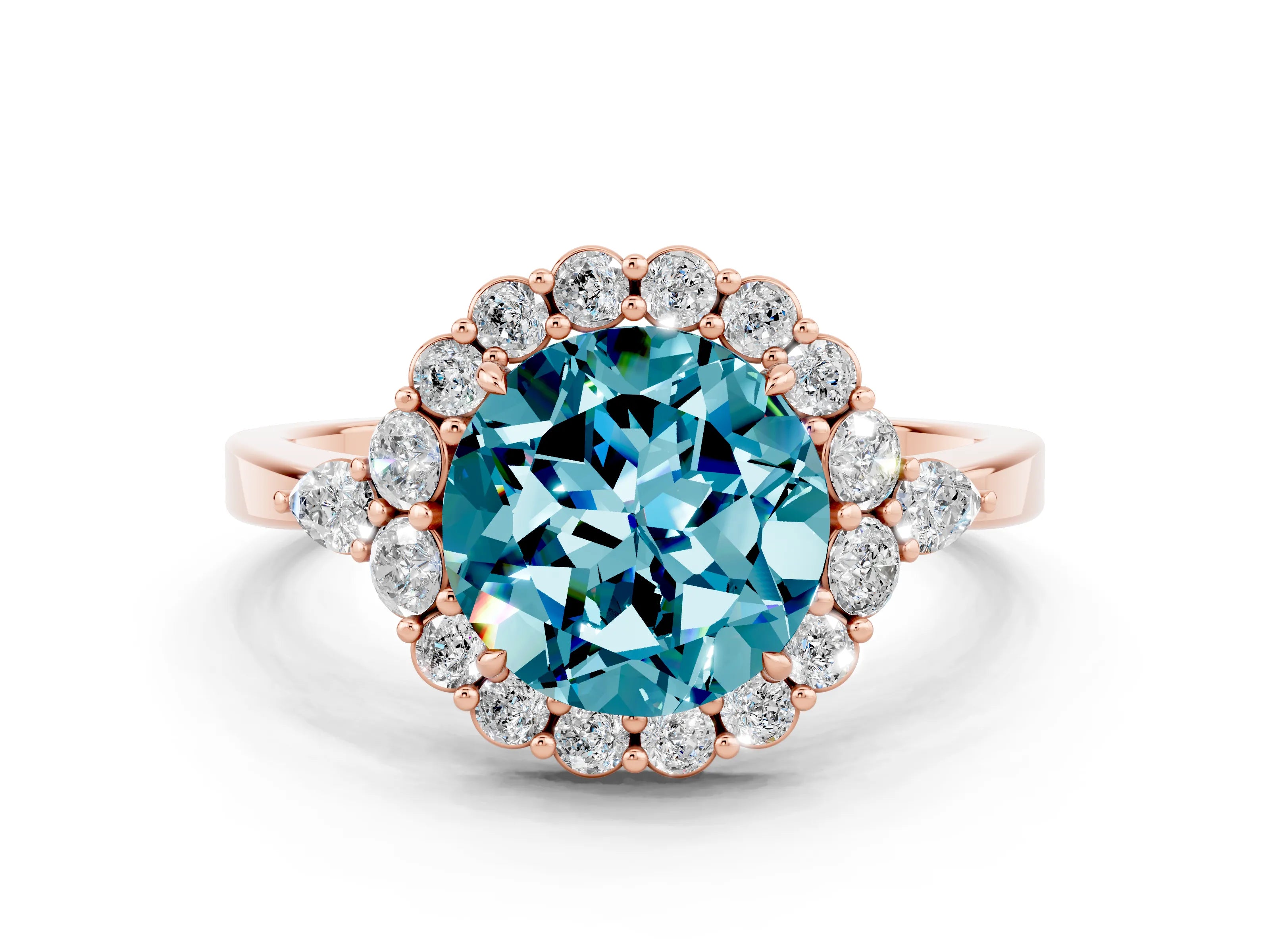 Rose gold Round Cut Blue Topaz Halo Ring with Pear Side Stones and Prong Setting_12