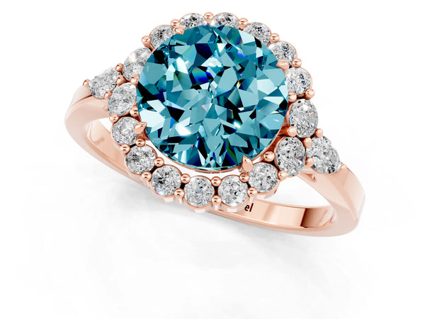 Rose gold Round Cut Blue Topaz Halo Ring with Pear Side Stones and Prong Setting