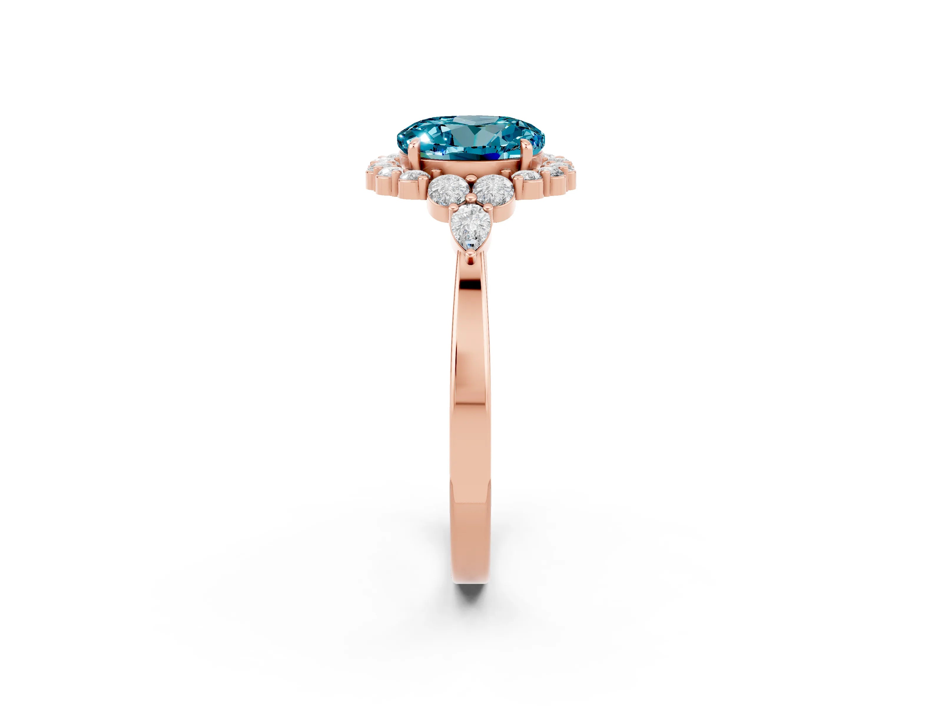 Rose gold Round Cut Blue Topaz Halo Ring with Pear Side Stones and Prong Setting_14