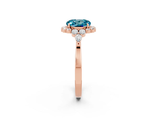 Rose gold Round Cut Blue Topaz Halo Ring with Pear Side Stones and Prong Setting