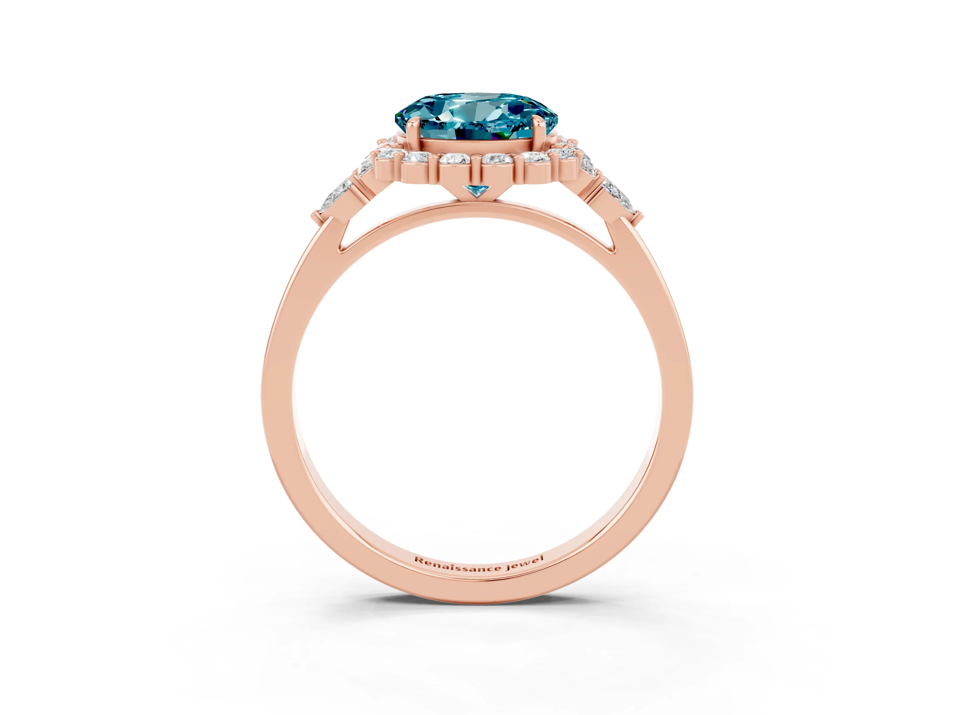 Rose gold Round Cut Blue Topaz Halo Ring with Pear Side Stones and Prong Setting_15