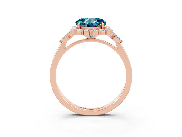 Rose gold Round Cut Blue Topaz Halo Ring with Pear Side Stones and Prong Setting
