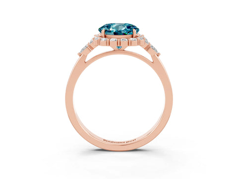 Rose gold Round Cut Blue Topaz Halo Ring with Pear Side Stones and Prong Setting_15