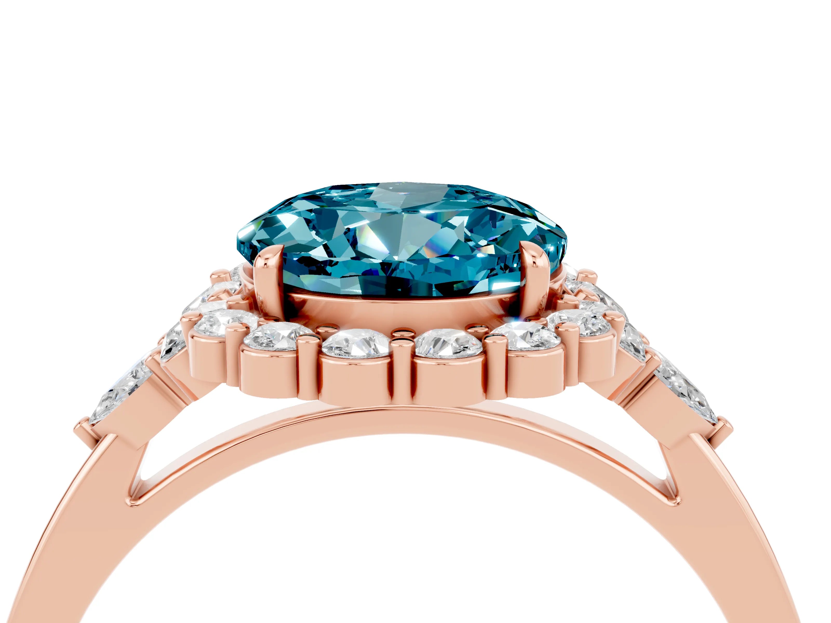 Rose gold Round Cut Blue Topaz Halo Ring with Pear Side Stones and Prong Setting_16