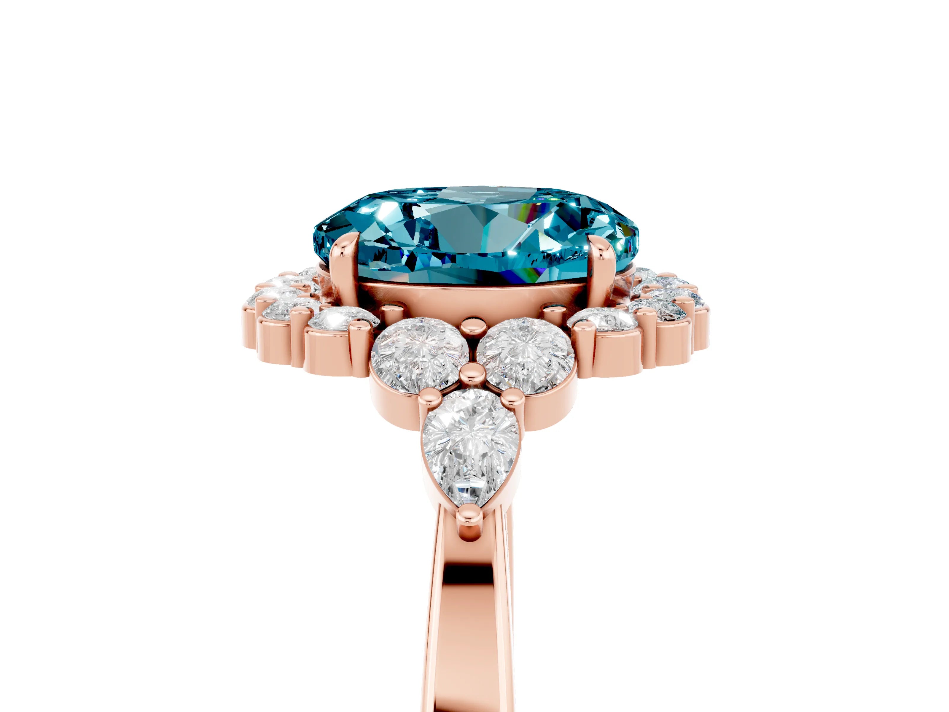 Rose gold Round Cut Blue Topaz Halo Ring with Pear Side Stones and Prong Setting_17